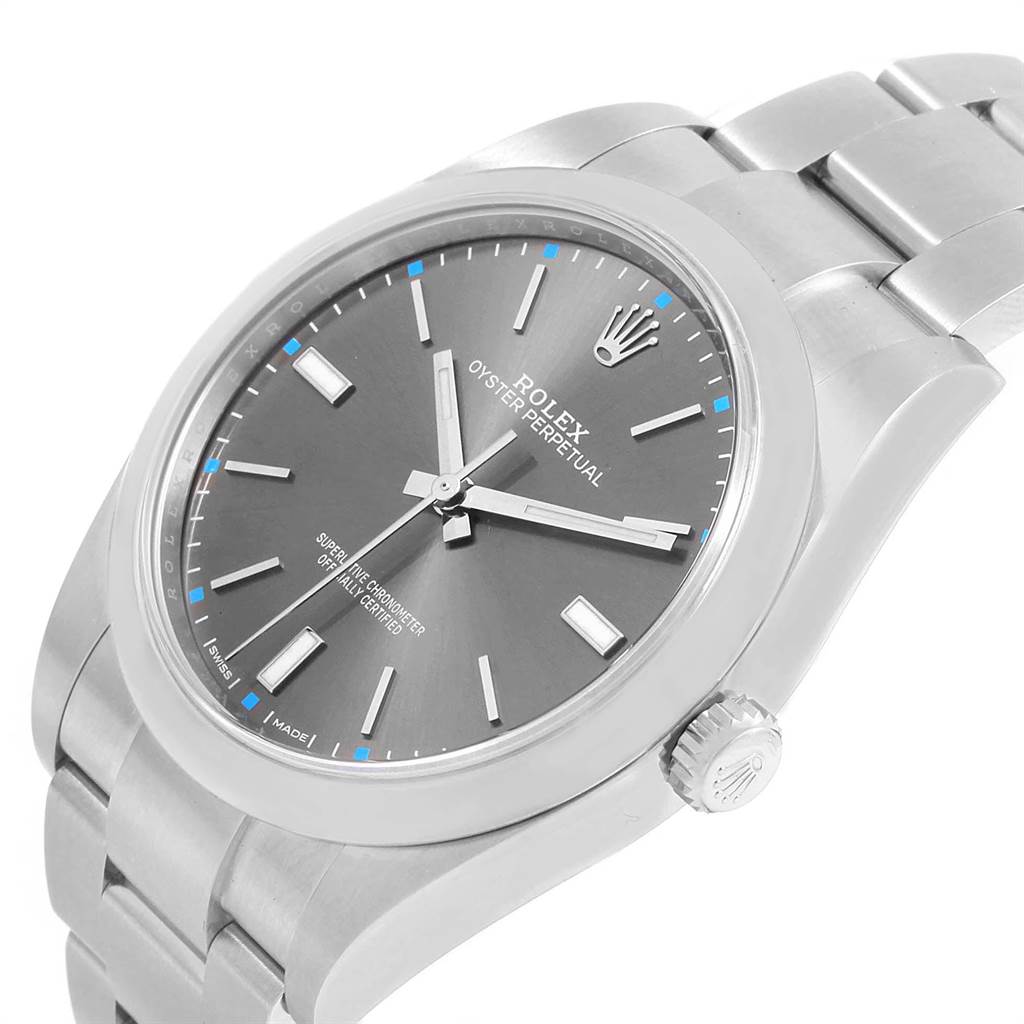 This image shows a top-side view of a Rolex Oyster Perpetual 114300 Men
s Stainless Steel Grey Dial 114300 Men
s Stainless Steel Grey Dial watch, including the dial, bezel, case, and part of the bracelet.
