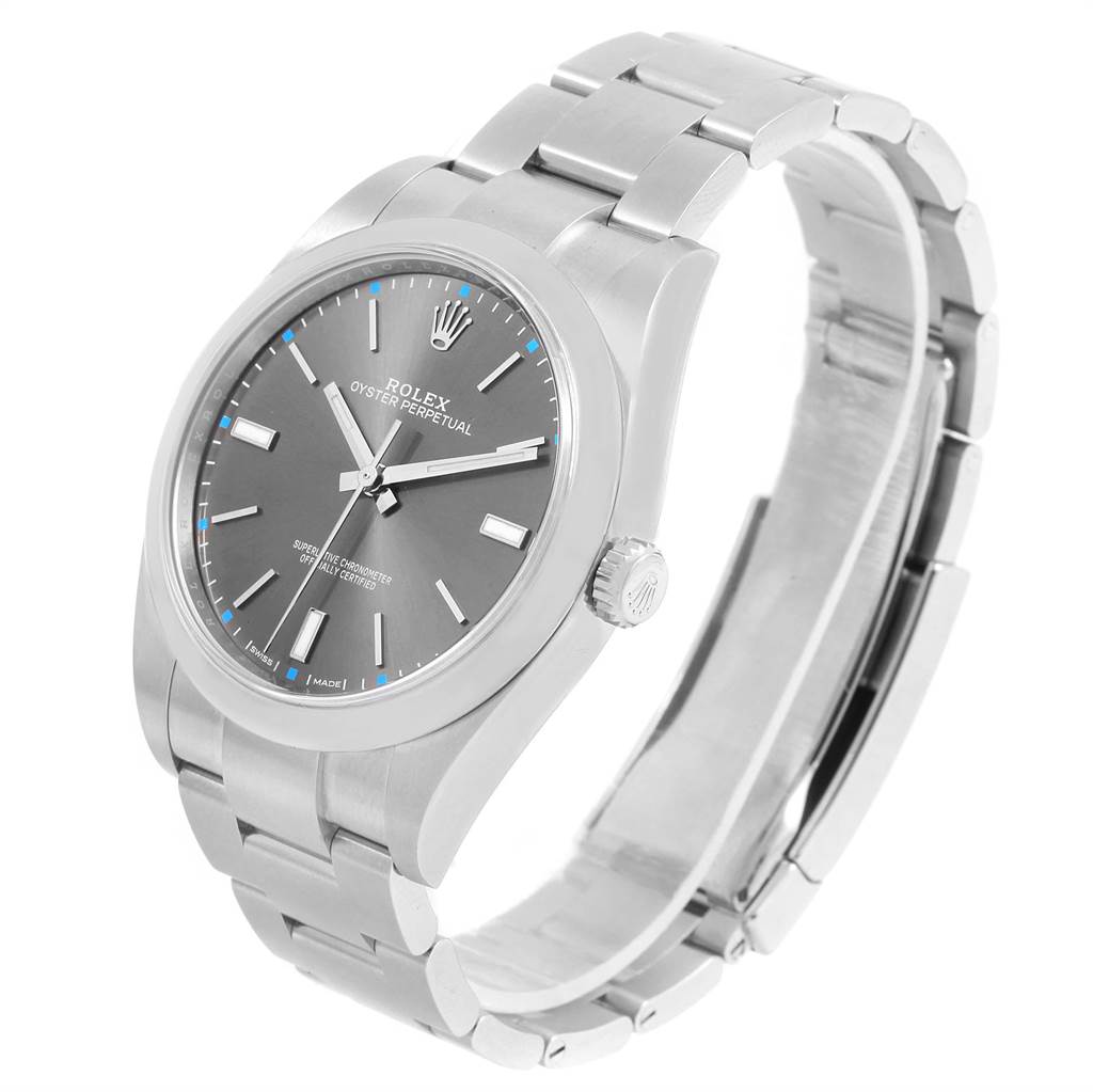 The image shows a Rolex Oyster Perpetual 114300 Men
s Stainless Steel Grey Dial 114300 Men
s Stainless Steel Grey Dial watch at a three-quarter angle, displaying the face, bezel, crown, and bracelet.