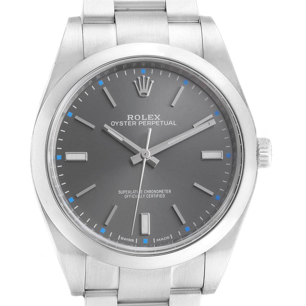 This image shows a front view of the Rolex Oyster Perpetual 114300 Men
s Stainless Steel Grey Dial 114300 Men
s Stainless Steel Grey Dial watch, highlighting its dial and bracelet.