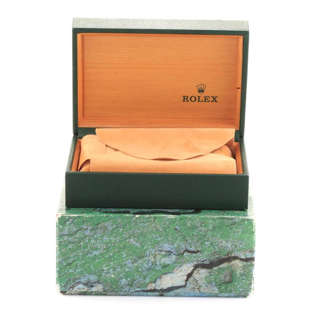 The image shows a Rolex Oyster Perpetual 14233 Men
s Steel and Gold (two tone) Blue Dial 14233 Men
s Steel and Gold (two tone) Blue Dial watch box, open with interior padding visible.