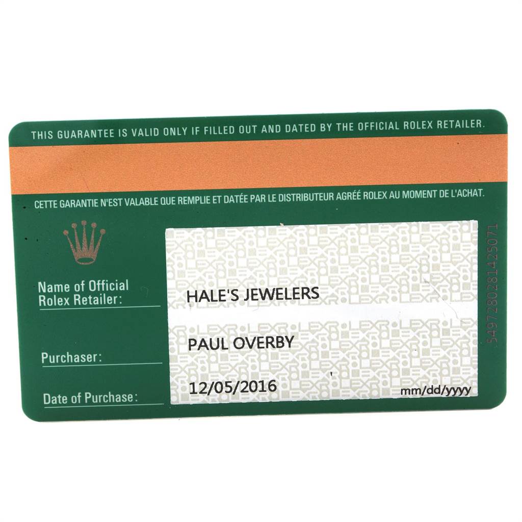 This image shows the guarantee card from the brand Rolex for the Oyster Perpetual model, detailing the retailer and purchase date.