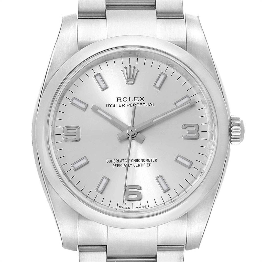 This is a front view of the Rolex Oyster Perpetual 114200 Men
s Stainless Steel Silver Dial 114200 Men
s Stainless Steel Silver Dial watch showing its dial, hour markers, hands, bezel, and part of the bracelet.