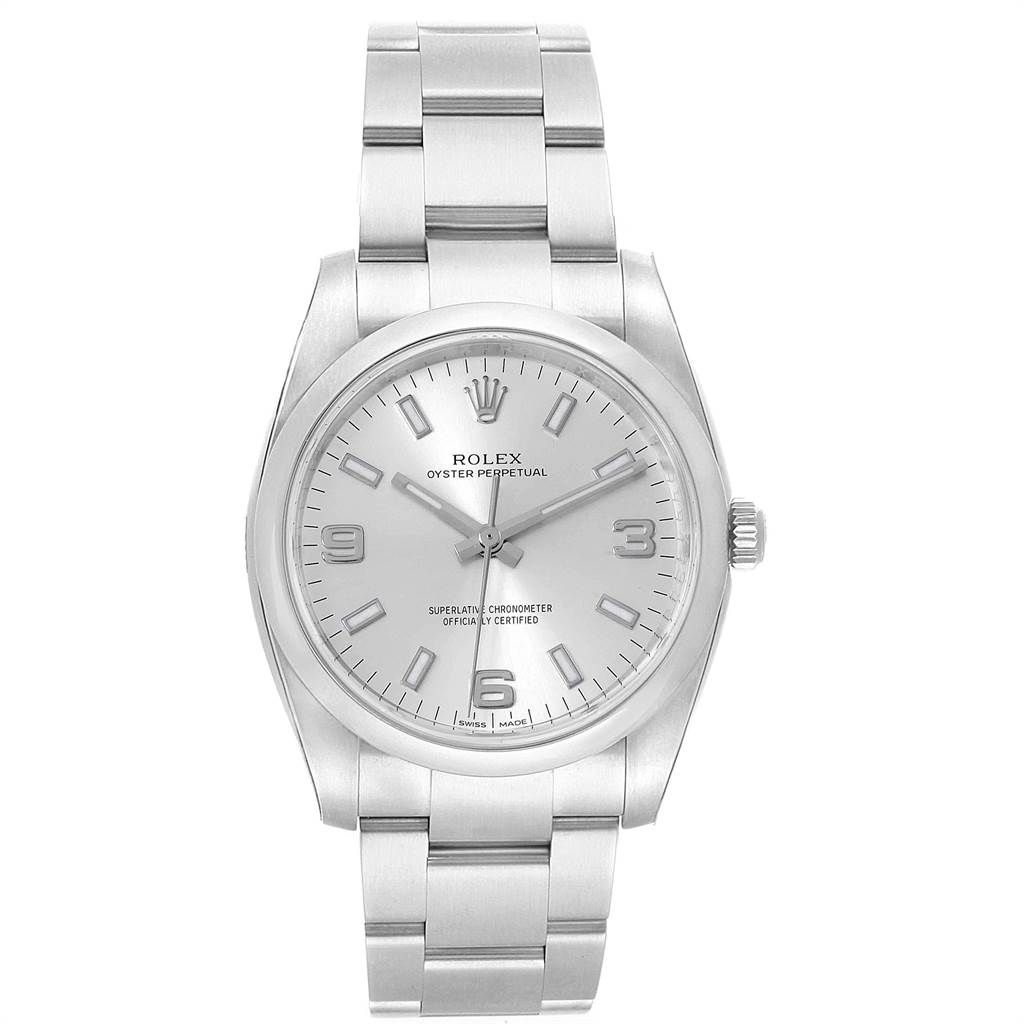 This image shows a front view of the Rolex Oyster Perpetual 114200 Men
s Stainless Steel Silver Dial 114200 Men
s Stainless Steel Silver Dial watch, displaying the face, case, bezel, and bracelet.