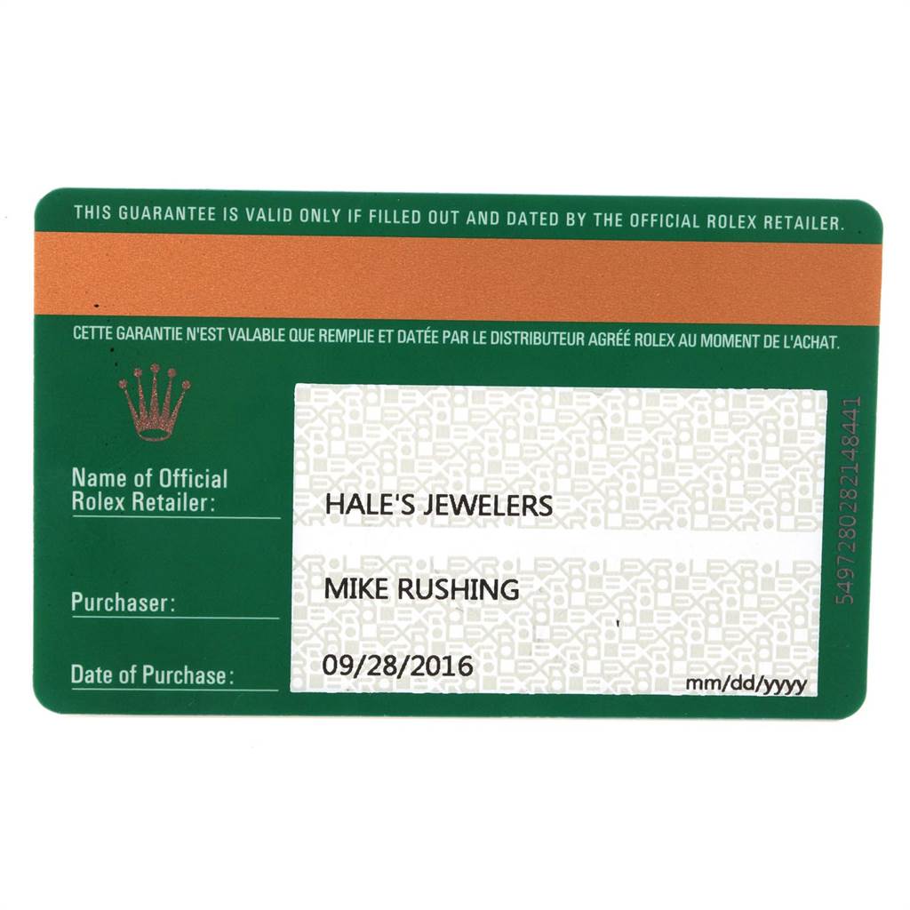 This image shows the official warranty card for a Rolex Oyster Perpetual 114200 Men
s Stainless Steel Silver Dial 114200 Men
s Stainless Steel Silver Dial watch from Hale
s Jewelers.