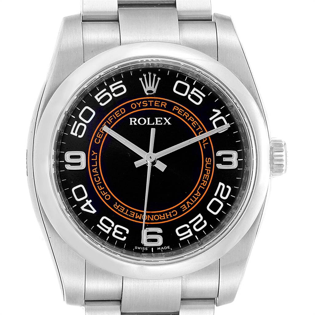 The Rolex Oyster Perpetual 116000 Men
s Stainless Steel Black Dial 116000 Men
s Stainless Steel Black Dial watch is shown from a frontal angle, displaying the dial, bezel, and bracelet.