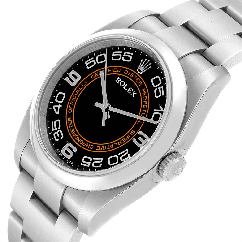 This image shows a Rolex Oyster Perpetual 116000 Men
s Stainless Steel Black Dial 116000 Men
s Stainless Steel Black Dial watch at a three-quarter angle, highlighting the dial, bezel, crown, and part of the bracelet.