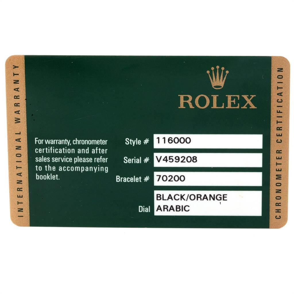 This image shows an international warranty card for a Rolex Oyster Perpetual 116000 Men
s Stainless Steel Black Dial 116000 Men
s Stainless Steel Black Dial model 116000 watch.