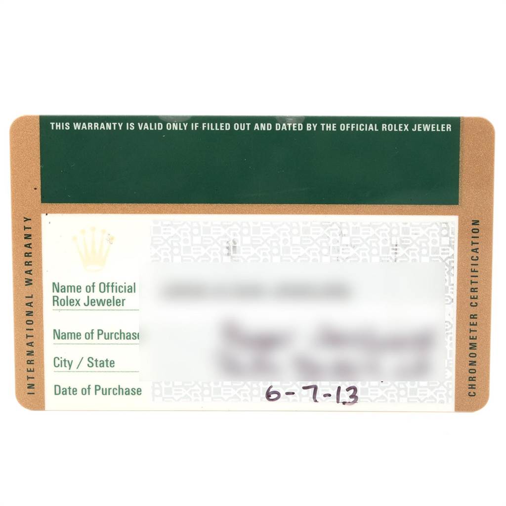 This image shows the warranty card for a Rolex Oyster Perpetual 116000 Men
s Stainless Steel Black Dial 116000 Men
s Stainless Steel Black Dial watch.