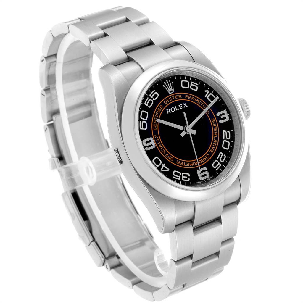 The image shows a Rolex Oyster Perpetual 116000 Men
s Stainless Steel Black Dial 116000 Men
s Stainless Steel Black Dial watch at a 3/4 angle, highlighting the face, bezel, and bracelet.