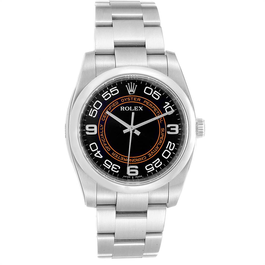 The watch, a Rolex Oyster Perpetual 116000 Men
s Stainless Steel Black Dial 116000 Men
s Stainless Steel Black Dial model, is shown from a front-facing angle, displaying the watch face and metal bracelet.