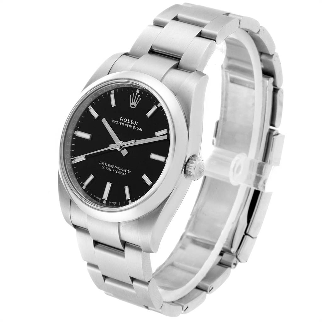 This image shows the front and side of a Rolex Oyster Perpetual 114200 Men
s Stainless Steel Black Dial 114200 Men
s Stainless Steel Black Dial watch, focusing on the dial, case, and bracelet.