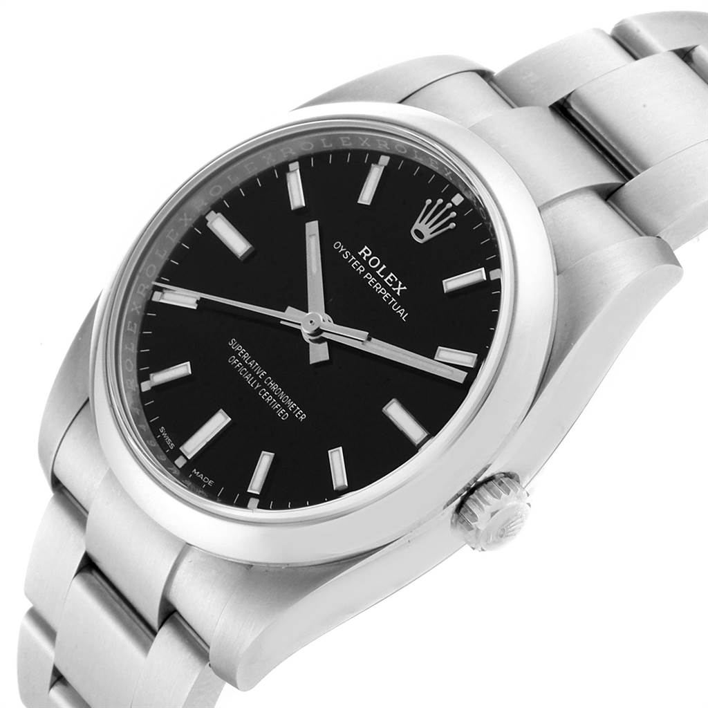 The Rolex Oyster Perpetual 114200 Men
s Stainless Steel Black Dial 114200 Men
s Stainless Steel Black Dial watch is shown at an angled view, highlighting the dial face, crown, and part of the bracelet.