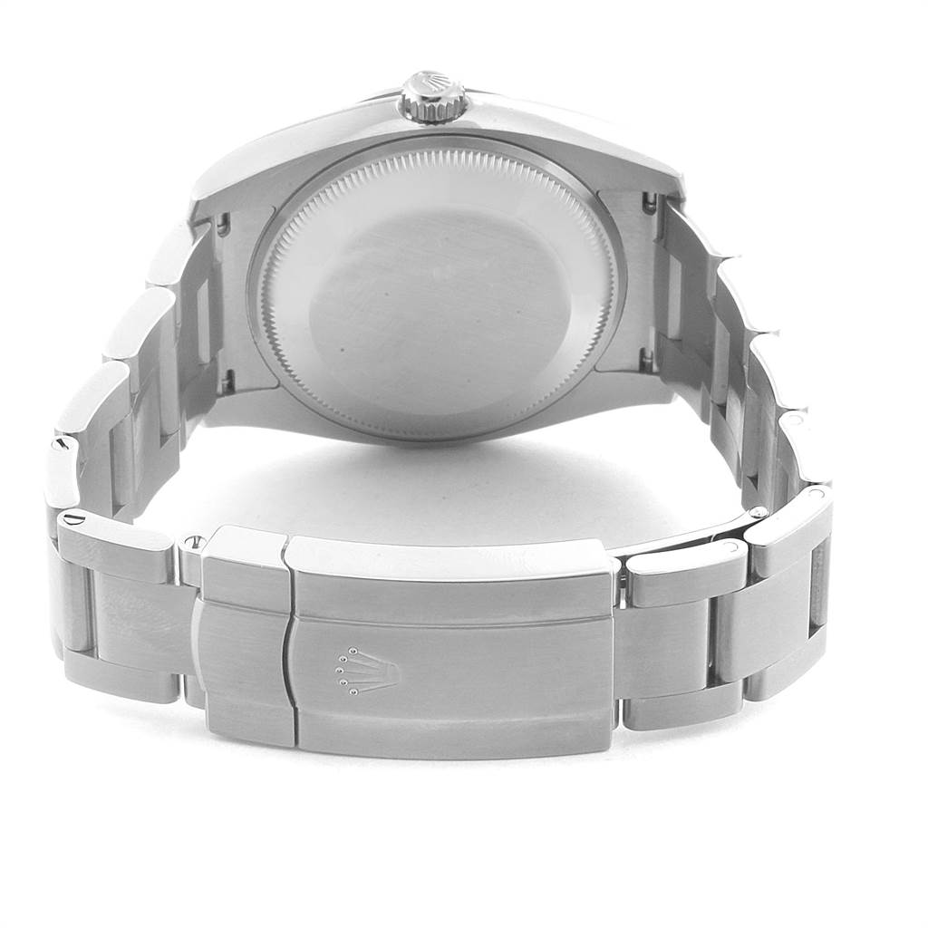 This image shows the back view of a Rolex Oyster Perpetual 114200 Men
s Stainless Steel Black Dial 114200 Men
s Stainless Steel Black Dial watch, focusing on the bracelet and clasp.