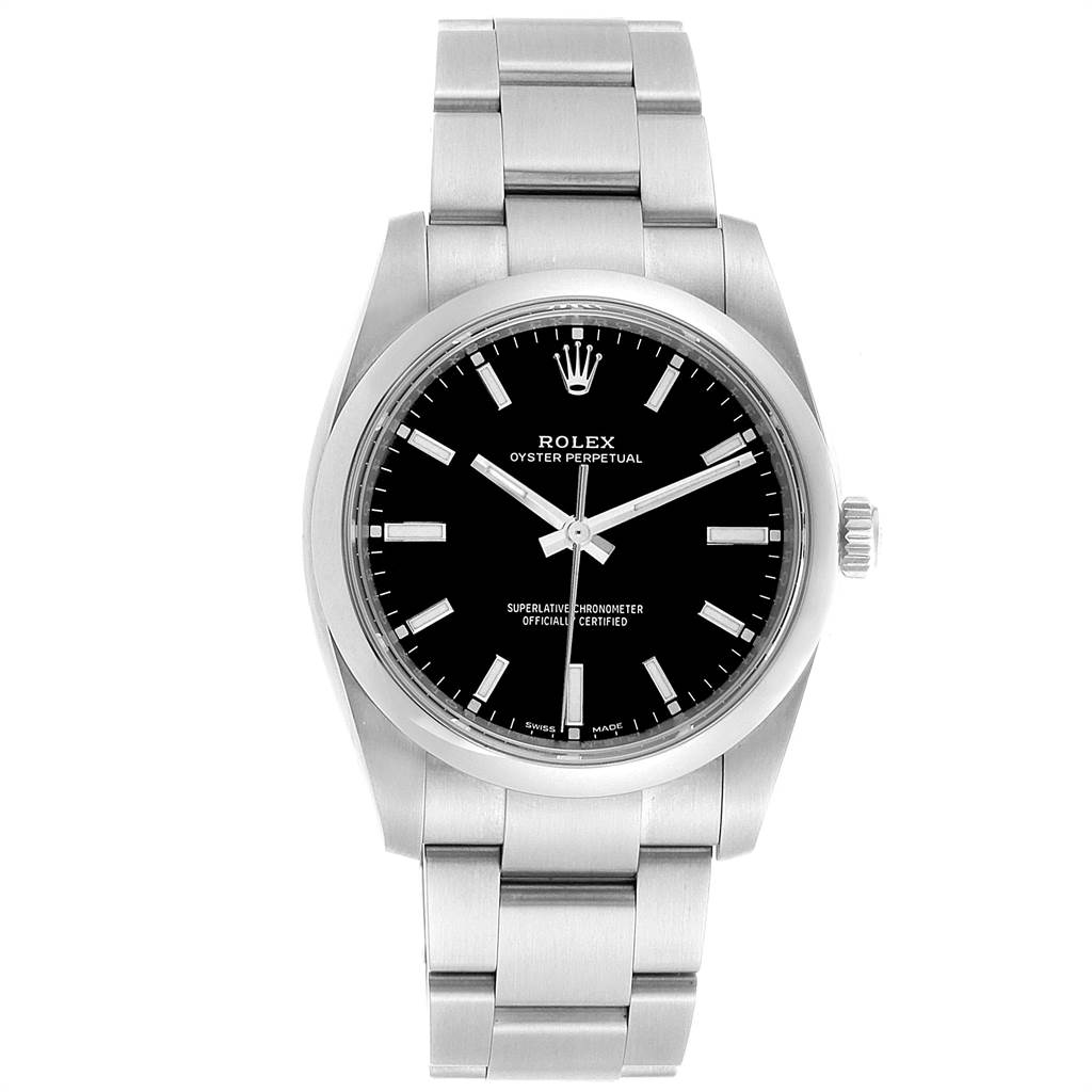 The image shows a front view of a Rolex Oyster Perpetual 114200 Men
s Stainless Steel Black Dial 114200 Men
s Stainless Steel Black Dial watch, displaying its stainless steel bracelet and black dial.
