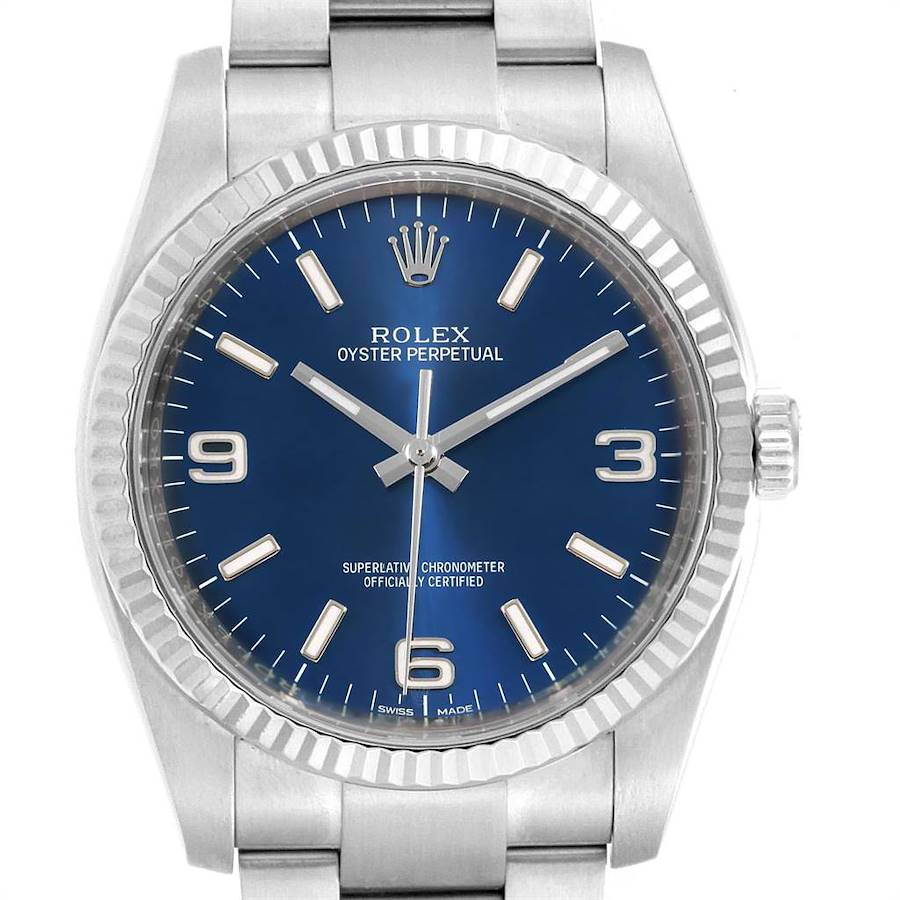 Rolex No Date Mens Steel 18K White Gold Blue Dial Watch 116034 SwissWatchExpo