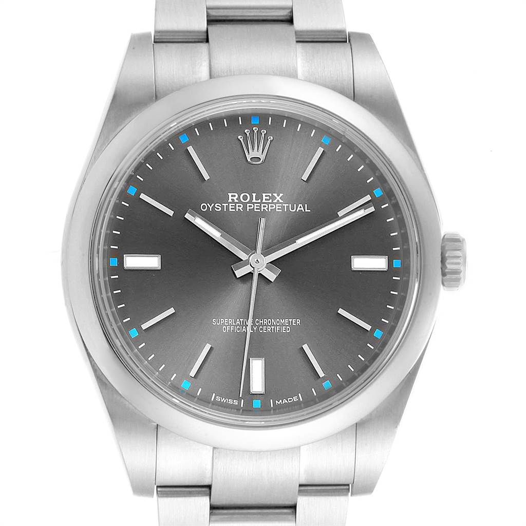 The image shows a front view of the Rolex Oyster Perpetual 114300 Men
s Stainless Steel Silver Dial 114300 Men
s Stainless Steel Silver Dial watch, showcasing its dial, hands, and bracelet.