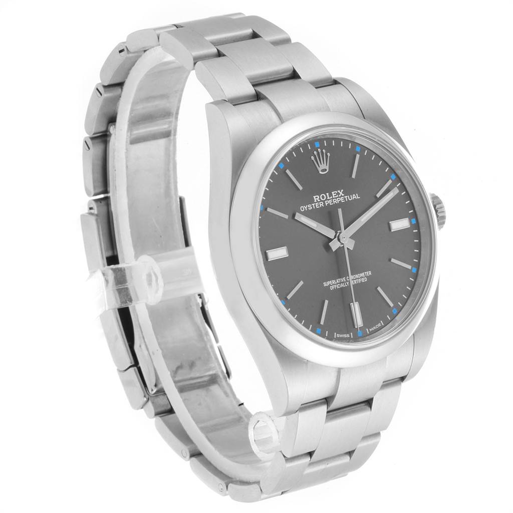 The image shows a Rolex Oyster Perpetual 114300 Men
s Stainless Steel Silver Dial 114300 Men
s Stainless Steel Silver Dial watch from a front-left angle, highlighting its face, bezel, and bracelet.