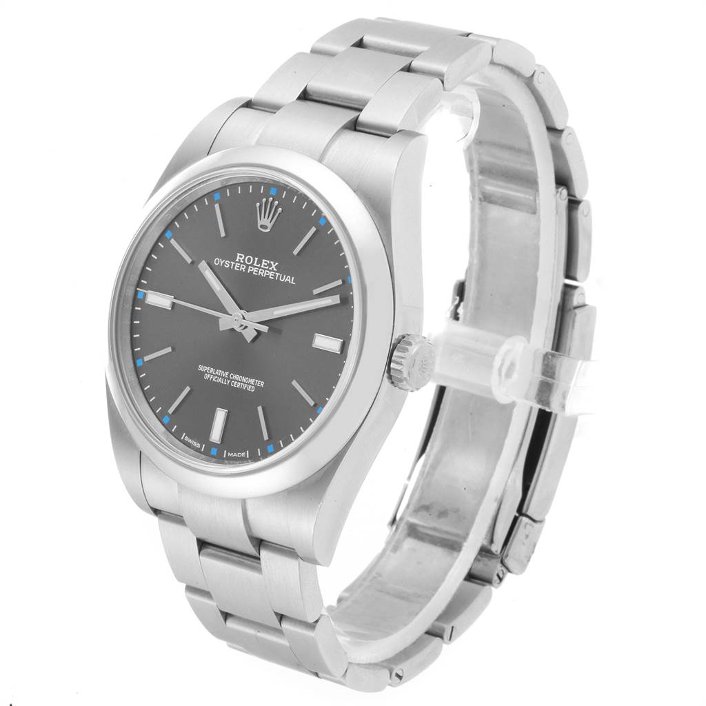 The image shows a Rolex Oyster Perpetual 114300 Men
s Stainless Steel Silver Dial 114300 Men
s Stainless Steel Silver Dial watch at a three-quarter angle, highlighting the dial, crown, and bracelet.