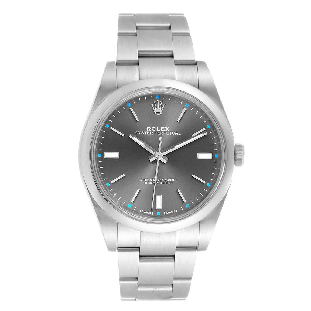 This image shows a Rolex Oyster Perpetual 114300 Men
s Stainless Steel Silver Dial 114300 Men
s Stainless Steel Silver Dial watch from a front angle, highlighting the dial, bezel, and bracelet.