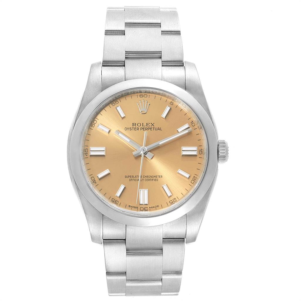 This image shows a front view of a Rolex Oyster Perpetual 116000 Men's Stainless Steel Champagne Dial 116000 Men's Stainless Steel Champagne Dial watch with a champagne dial and stainless steel bracelet.