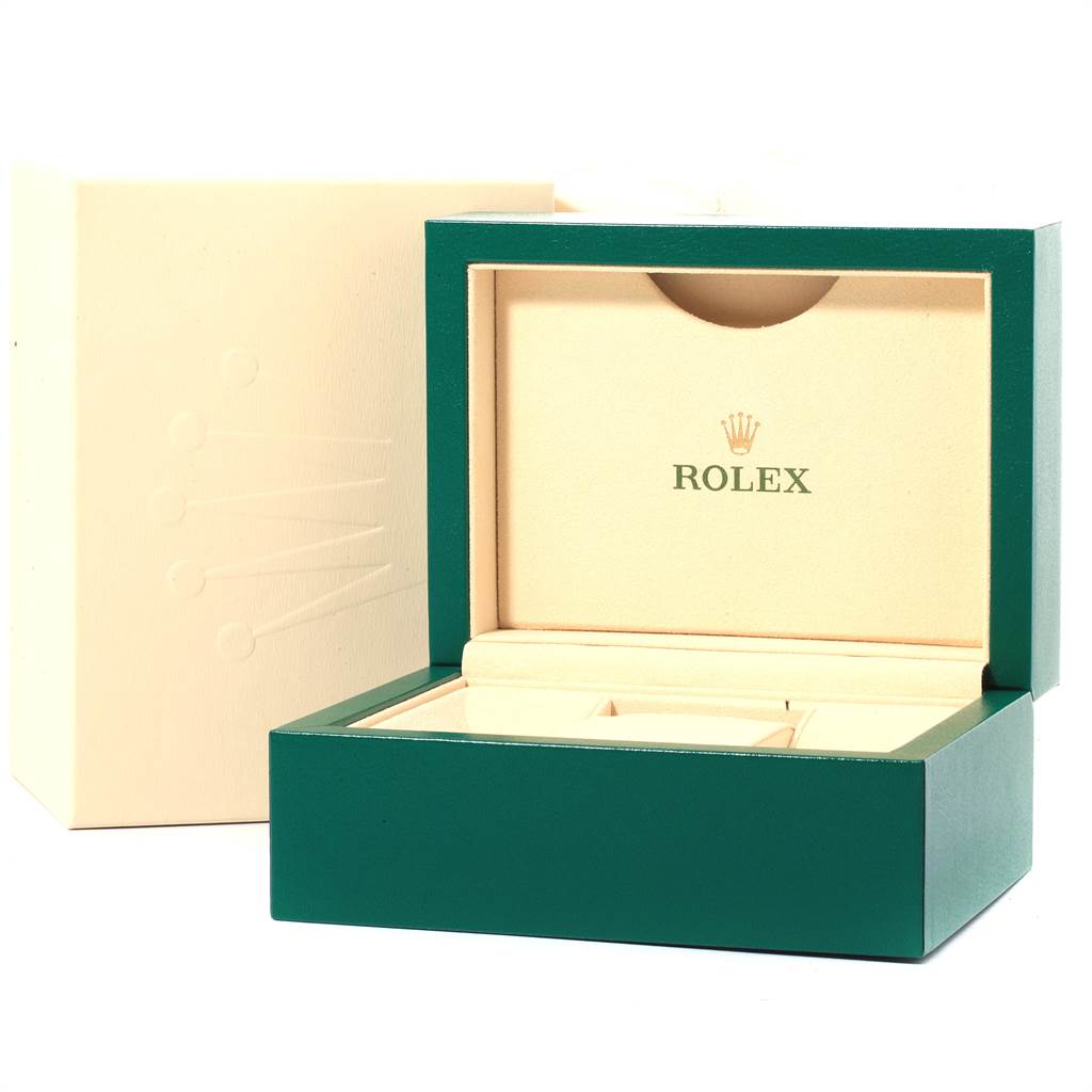 The image shows an open Rolex box with the logo inside, likely intended for an Oyster Perpetual model.