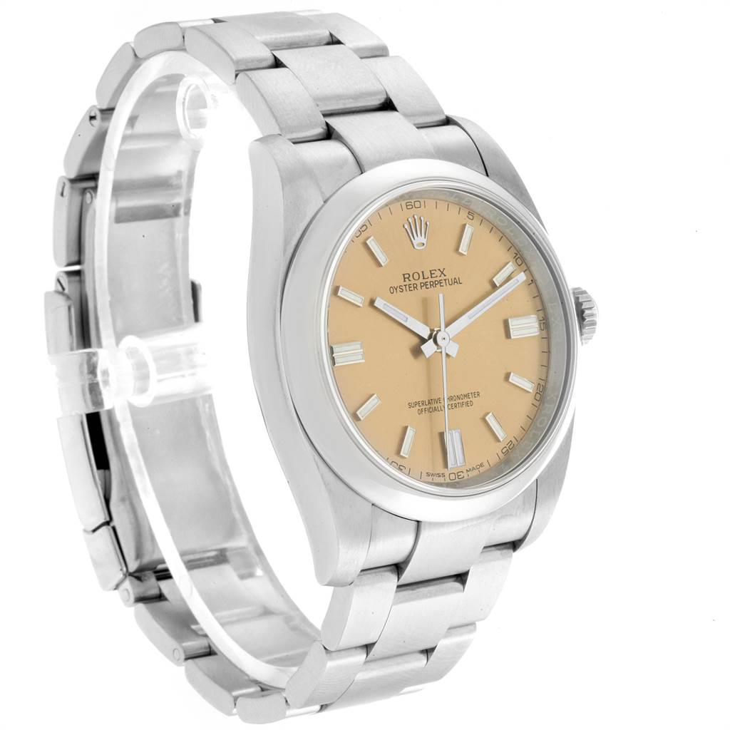 The image shows a Rolex Oyster Perpetual 116000 Men's Stainless Steel Champagne Dial 116000 Men's Stainless Steel Champagne Dial watch from an angled side view, displaying the face, bezel, crown, and bracelet.