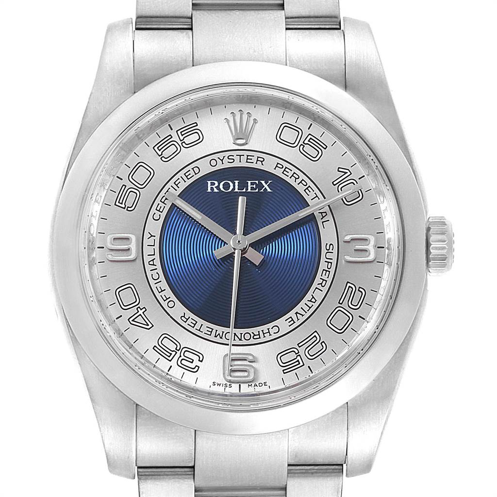 This image shows a frontal view of the Rolex Oyster Perpetual 116000 Men's Stainless Steel Silver Dial 116000 Men's Stainless Steel Silver Dial watch, highlighting its dial, case, and bracelet.