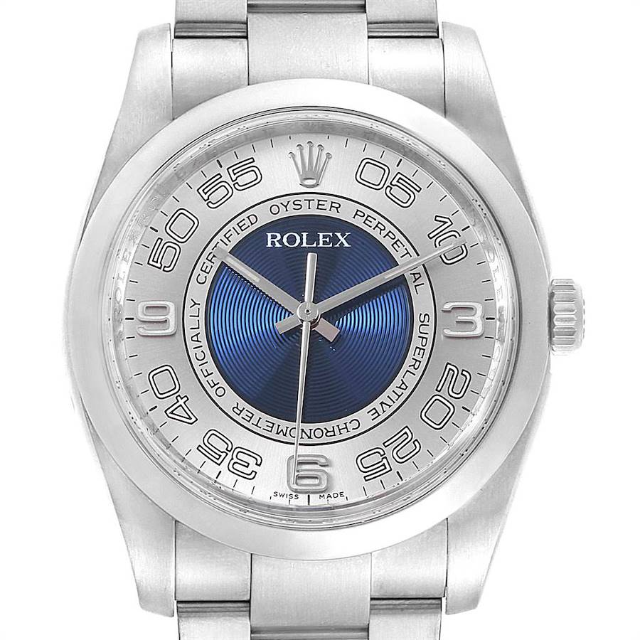 Rolex Oyster Perpetual Silver Blue Concentric Dial Unisex Watch 116000 SwissWatchExpo