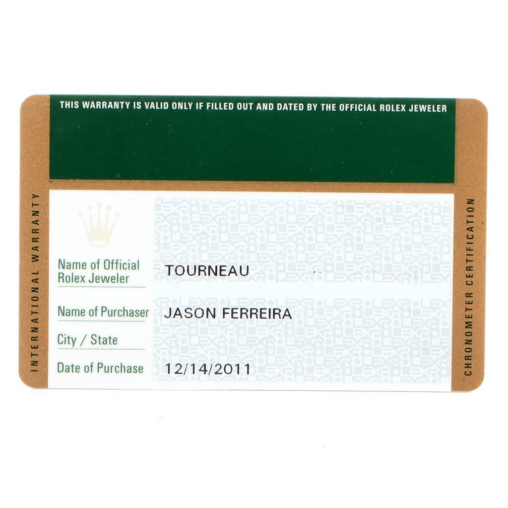 The image shows the warranty card for a Rolex Oyster Perpetual 116000 Men's Stainless Steel Silver Dial 116000 Men's Stainless Steel Silver Dial watch, displaying the jeweler, purchaser's name, and purchase date.