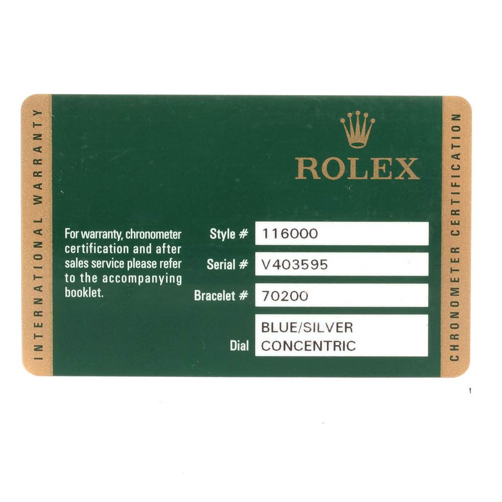 The image shows the certification card for a Rolex Oyster Perpetual 116000 Men's Stainless Steel Silver Dial 116000 Men's Stainless Steel Silver Dial with model number 116000.