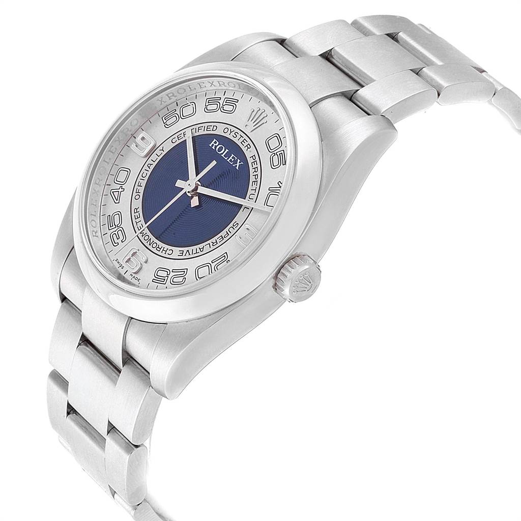 The image shows a side view of a Rolex Oyster Perpetual 116000 Men's Stainless Steel Silver Dial 116000 Men's Stainless Steel Silver Dial watch, highlighting the band, crown, and face of the watch.