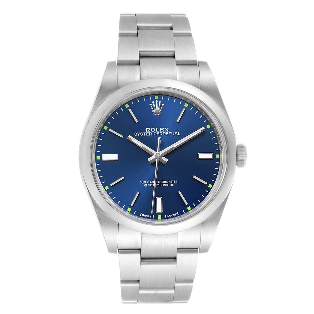 This Rolex Oyster Perpetual 114300 Men's Stainless Steel Blue Dial 114300 Men's Stainless Steel Blue Dial watch is shown from the front, displaying the dial, hands, bracelet, and crown.