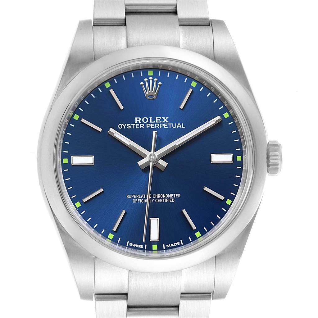 This image shows a Rolex Oyster Perpetual 114300 Men's Stainless Steel Blue Dial 114300 Men's Stainless Steel Blue Dial watch from a top-down angle, highlighting the dial, bezel, and bracelet.