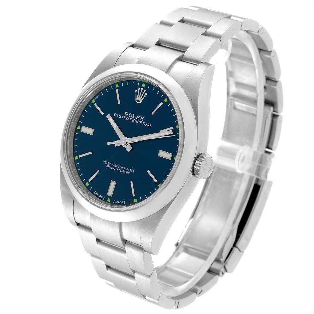 The Rolex Oyster Perpetual 114300 Men's Stainless Steel Blue Dial 114300 Men's Stainless Steel Blue Dial watch is shown at an angled side view, displaying its dial, bezel, and bracelet.