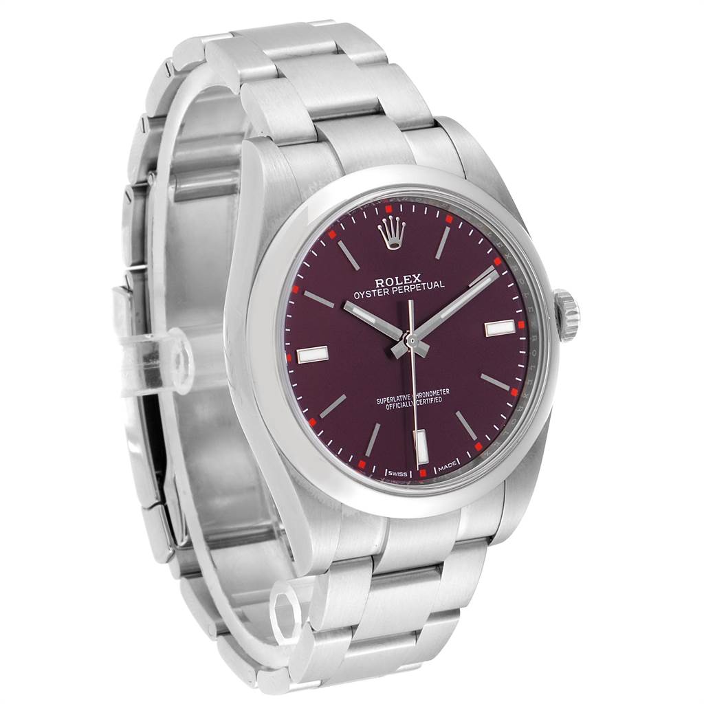 The Rolex Oyster Perpetual 114300 Men's Stainless Steel Burgundy Dial 114300 Men's Stainless Steel Burgundy Dial watch is shown at a three-quarter angle, highlighting the face, bezel, and bracelet with a purple dial.