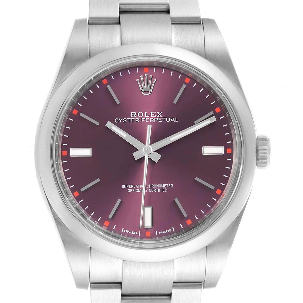 This image shows a frontal view of the Rolex Oyster Perpetual 114300 Men's Stainless Steel Burgundy Dial 114300 Men's Stainless Steel Burgundy Dial watch, displaying the dial, hands, hour markers, crown, and bracelet.