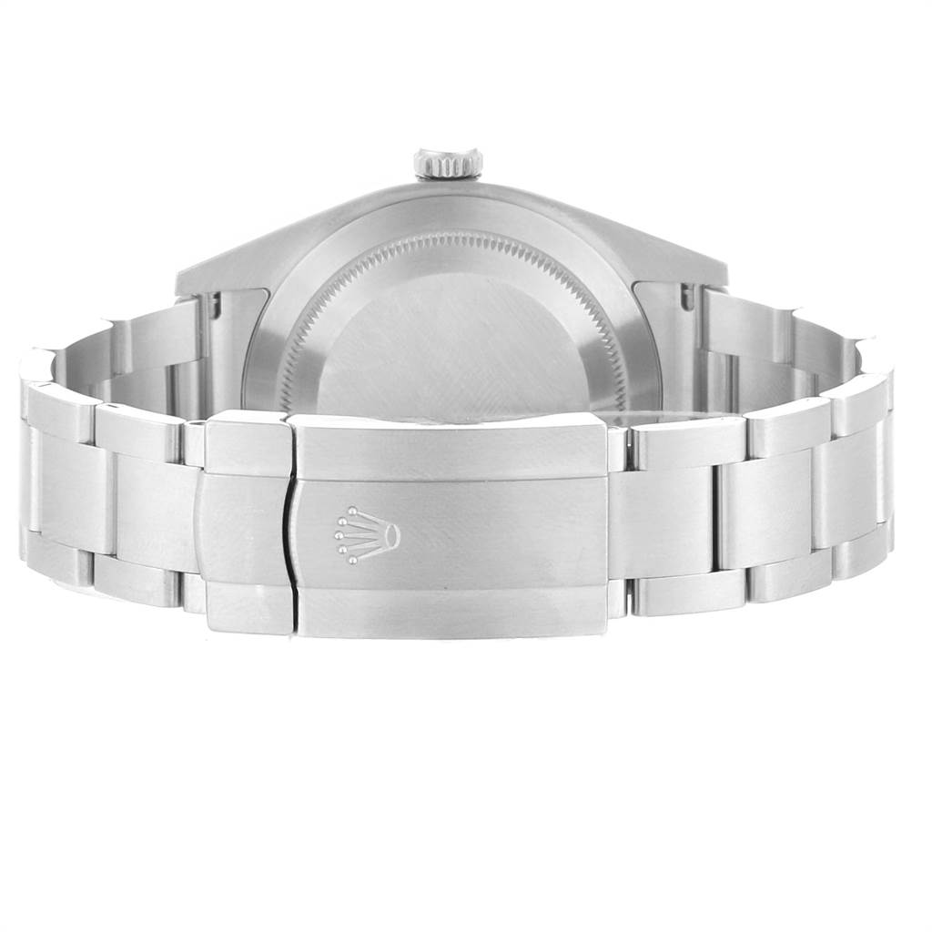 The image shows the back view of a Rolex Oyster Perpetual 114300 Men's Stainless Steel Burgundy Dial 114300 Men's Stainless Steel Burgundy Dial watch, highlighting the bracelet and clasp.