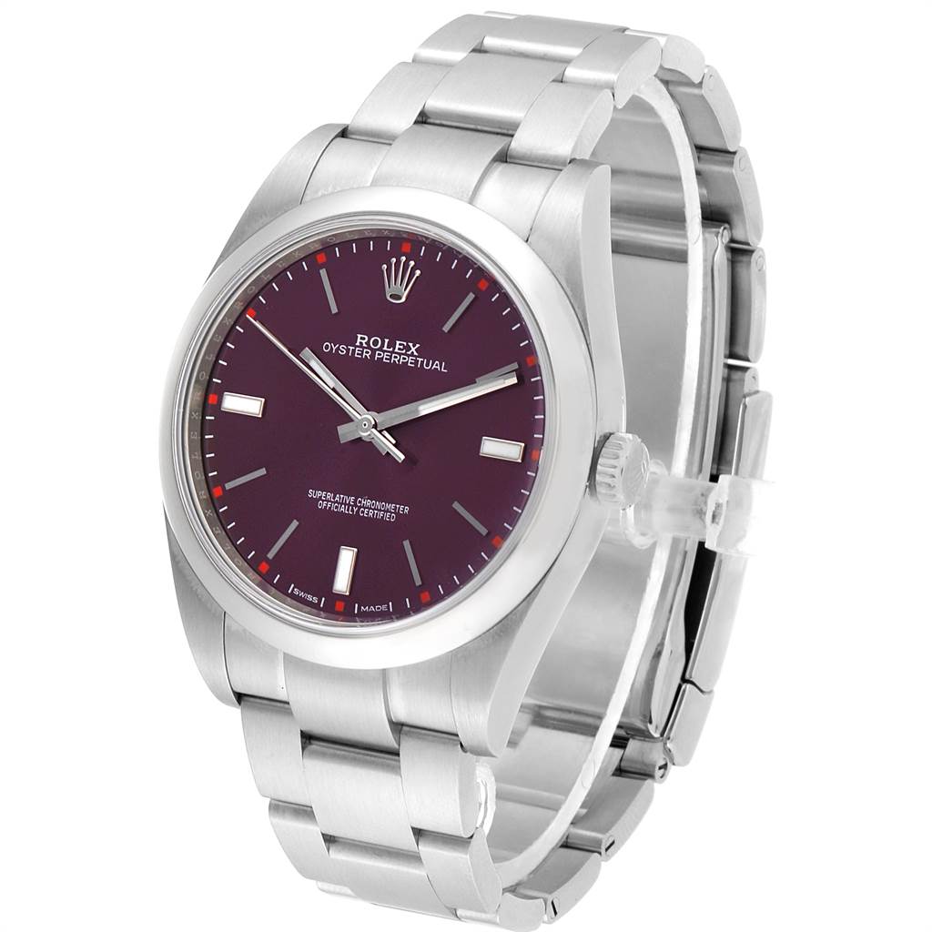 The image shows a frontal and slightly angled view of a Rolex Oyster Perpetual 114300 Men's Stainless Steel Burgundy Dial 114300 Men's Stainless Steel Burgundy Dial watch, displaying the dial, case, and bracelet.