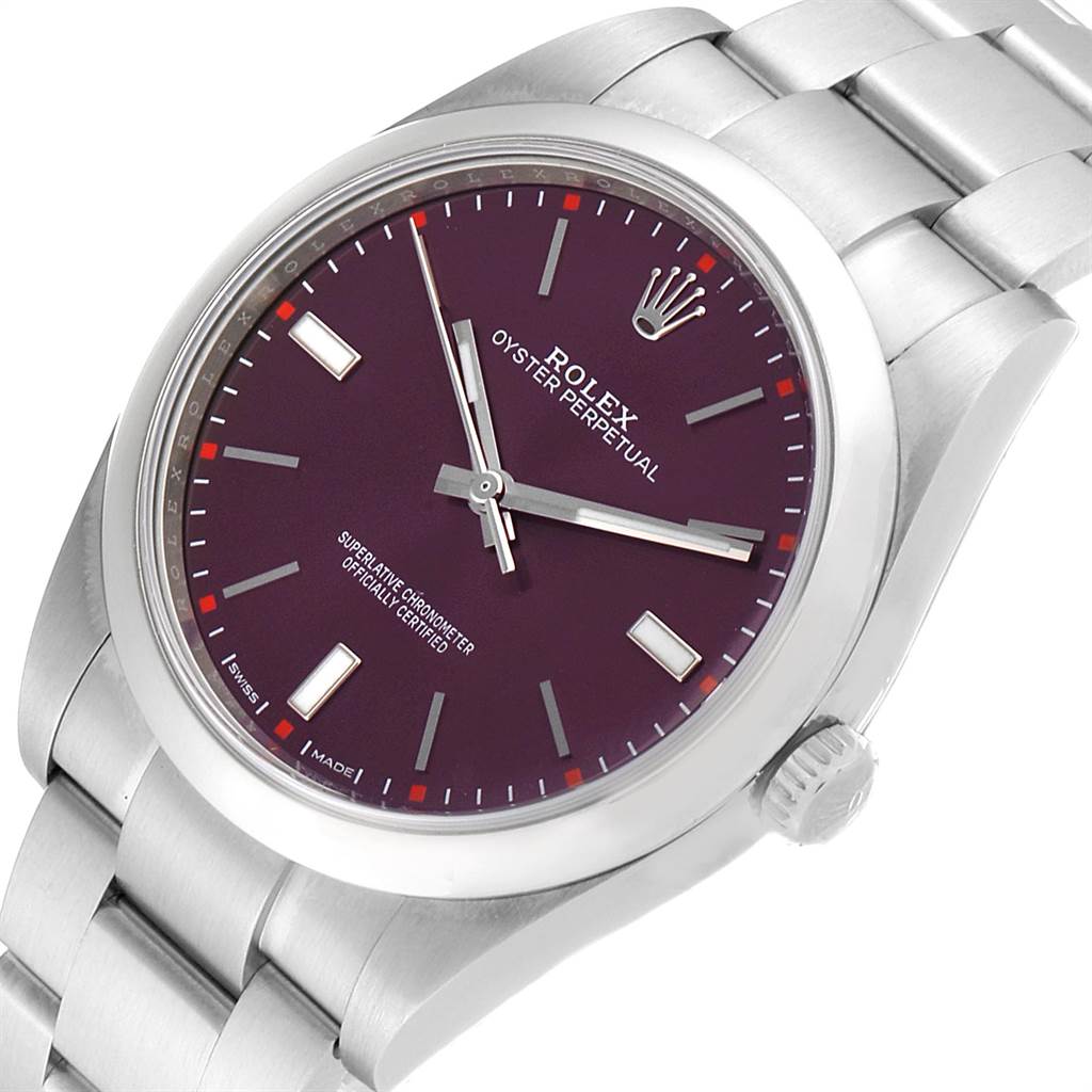 The image shows a front angled view of a Rolex Oyster Perpetual 114300 Men's Stainless Steel Burgundy Dial 114300 Men's Stainless Steel Burgundy Dial watch, displaying its purple dial, hands, and stainless steel bracelet.