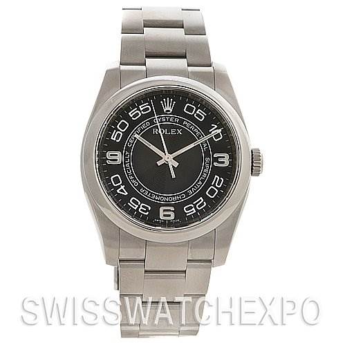 This image shows a front view of a Rolex Oyster Perpetual 116000 Men's Stainless Steel Black Dial 116000 Men's Stainless Steel Black Dial watch, highlighting the dial, bezel, case, and bracelet.