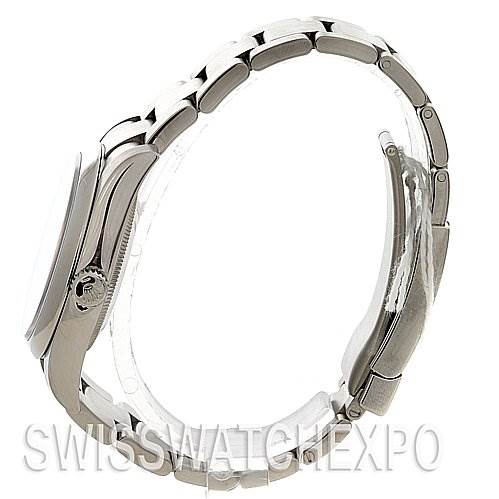 The image shows a side view of a Rolex Oyster Perpetual 116000 Men's Stainless Steel Black Dial 116000 Men's Stainless Steel Black Dial watch, highlighting the case, crown, and bracelet.