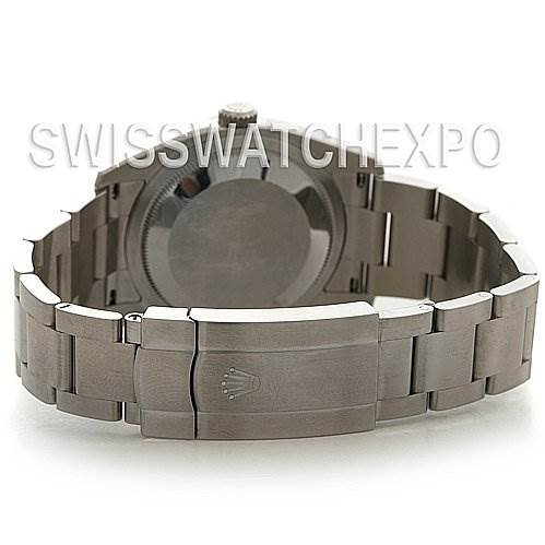 This image shows the back view of a Rolex Oyster Perpetual 116000 Men's Stainless Steel Black Dial 116000 Men's Stainless Steel Black Dial watch, highlighting its bracelet and clasp.