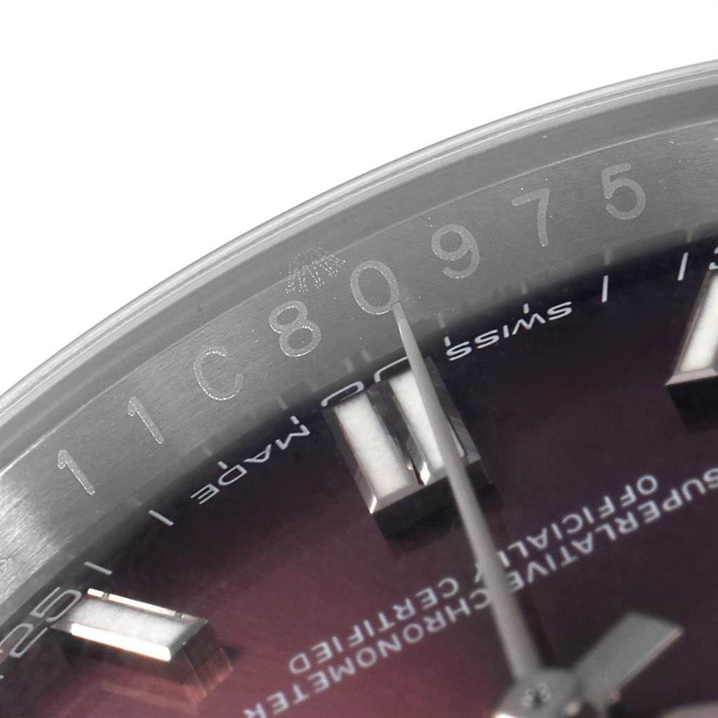 The close-up image shows the dial, indices, and part of the bezel of the Rolex Oyster Perpetual 116000 Men's Stainless Steel Burgundy Dial 116000 Men's Stainless Steel Burgundy Dial watch.