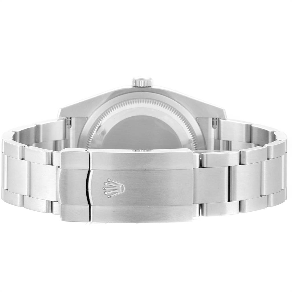 This image shows the back view of a Rolex Oyster Perpetual 116000 Men's Stainless Steel Burgundy Dial 116000 Men's Stainless Steel Burgundy Dial watch, focusing on its case back and bracelet with the clasp.
