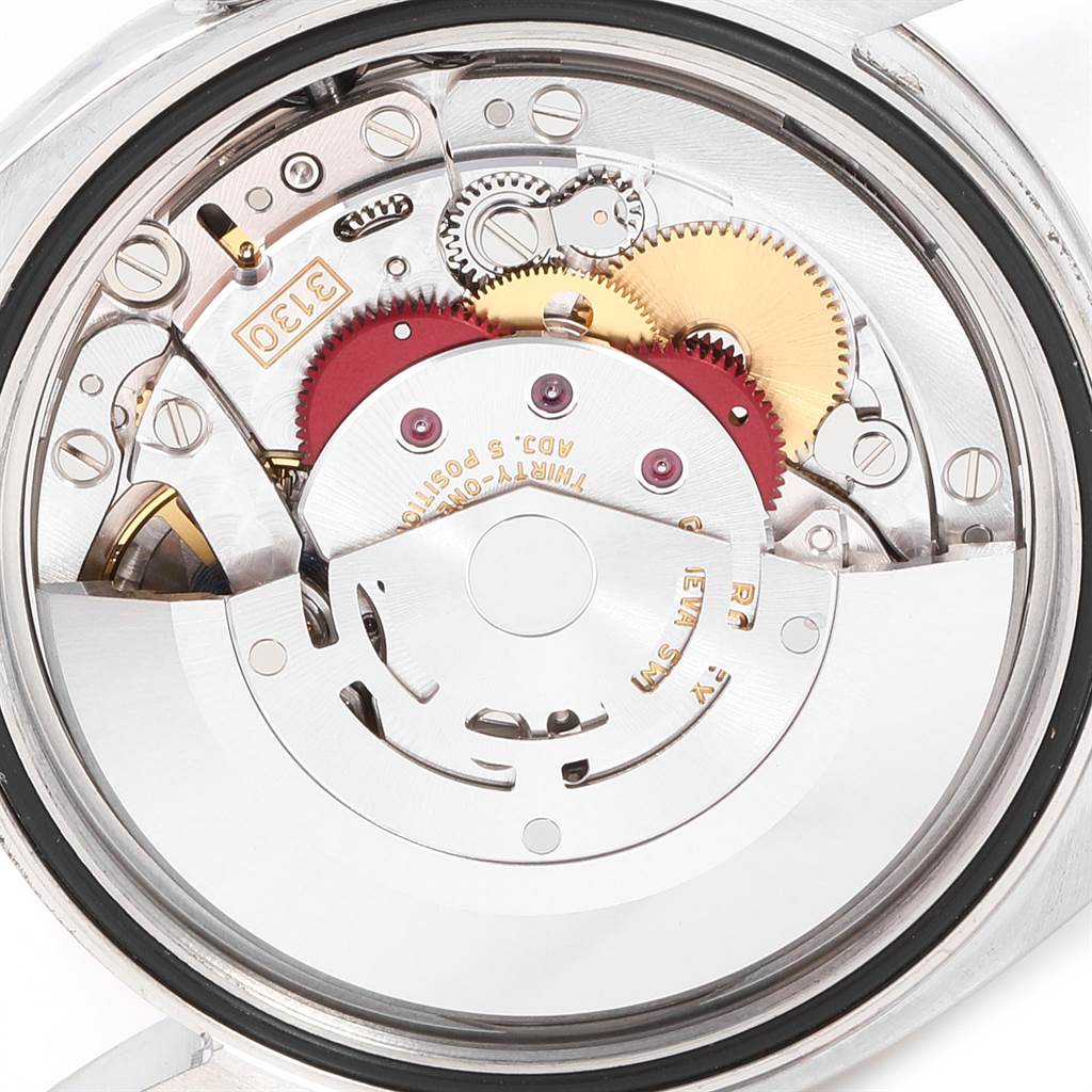 The image shows a close-up view of the internal movement mechanism of a Rolex Oyster Perpetual 116000 Men's Stainless Steel Burgundy Dial 116000 Men's Stainless Steel Burgundy Dial watch.