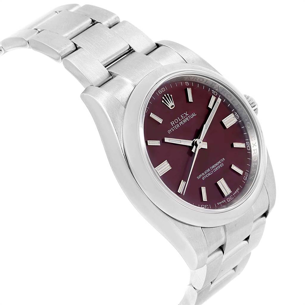 This image shows a side and partial top view of a Rolex Oyster Perpetual 116000 Men's Stainless Steel Burgundy Dial 116000 Men's Stainless Steel Burgundy Dial watch, highlighting the bracelet and dial.