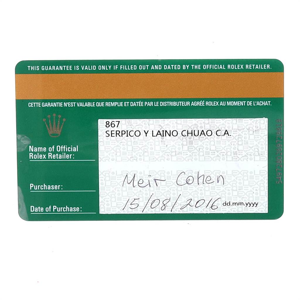 The image shows a guarantee card for a Rolex Oyster Perpetual 114300 Men
s Stainless Steel Blue Dial 114300 Men
s Stainless Steel Blue Dial watch.