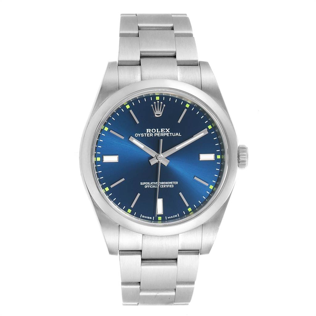 This image shows a Rolex Oyster Perpetual 114300 Men
s Stainless Steel Blue Dial 114300 Men
s Stainless Steel Blue Dial watch from a frontal angle, highlighting its stainless steel bracelet and blue dial.