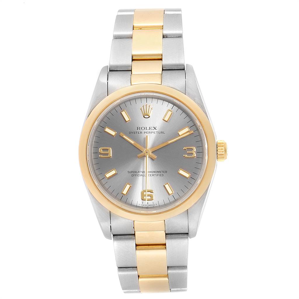 This Rolex Oyster Perpetual 14203 Men's Steel and Gold (two tone) Grey Dial 14203 Men's Steel and Gold (two tone) Grey Dial watch is shown from the front, detailing the dial and bracelet.