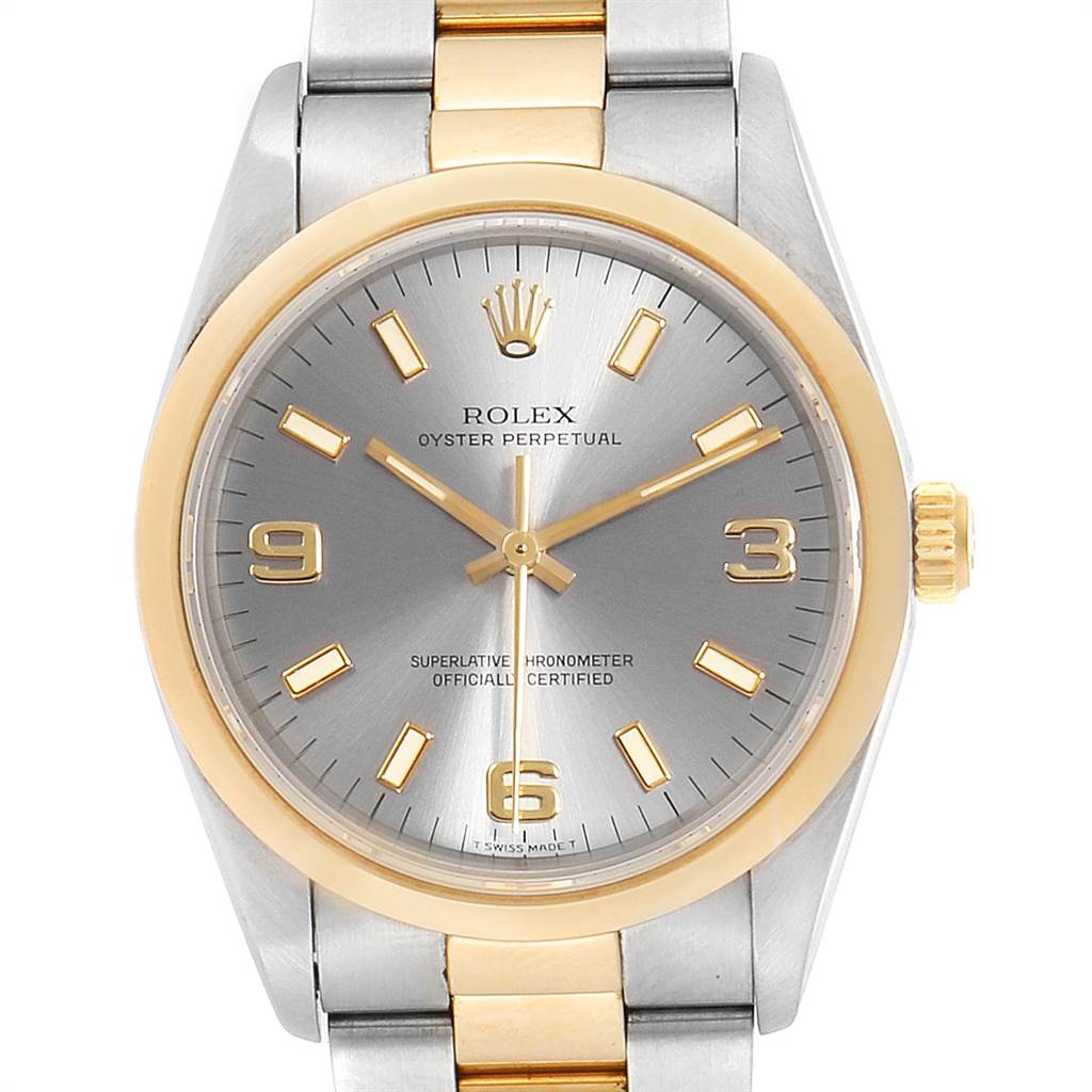 The image shows the dial, bezel, case, and part of the bracelet of the Rolex Oyster Perpetual 14203 Men's Steel and Gold (two tone) Grey Dial 14203 Men's Steel and Gold (two tone) Grey Dial watch, viewed from the front.